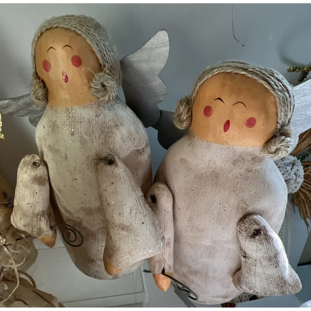 Vintage Primitive Angel Collection Lot Christmas Decor Folk Art Cloth Wood Straw